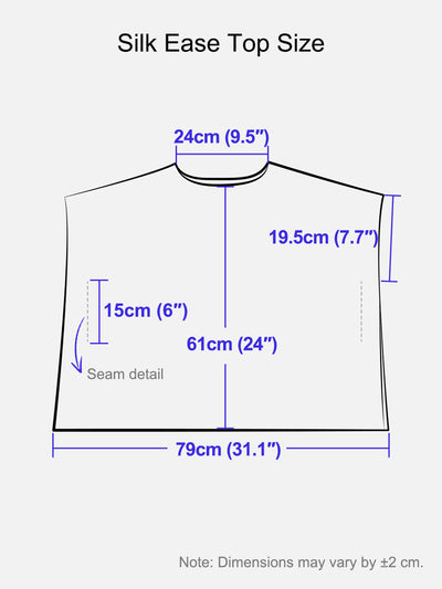 A size measurement diagram for a Silk Ease top, showing a simple black line drawing of the shirt with labeled dimensions in centimeters and inches, including neck width, body height, sleeve length, and base width.