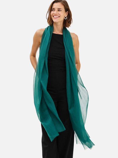 Woman wearing a teal cashmere scarf on a white background