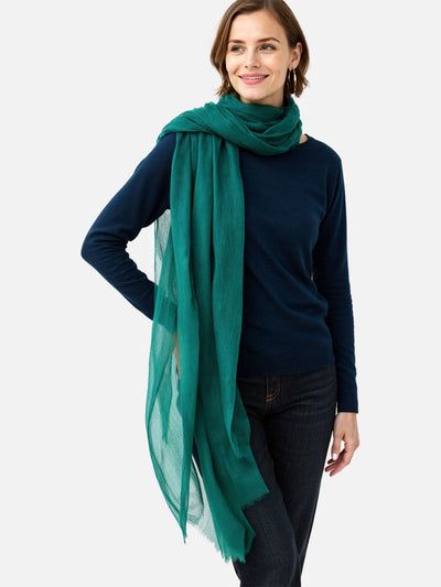 Woman wearing a teal cashmere scarf on a white background