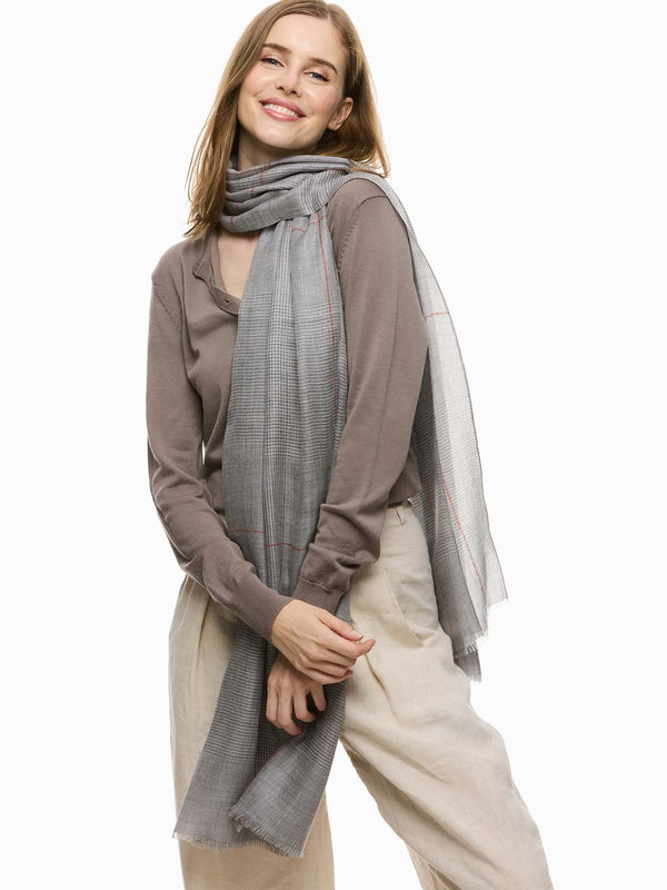 100% Cashmere Scarf | Featherlight Light Gray Plaid | Ovcio
