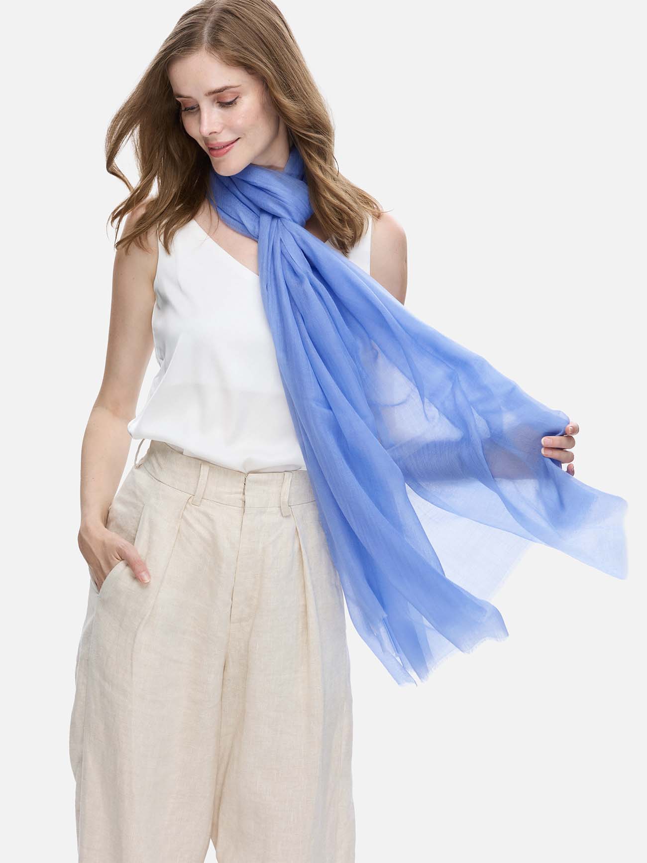 100% Cashmere Scarf Featherlight Cornflower Blue Ovcio