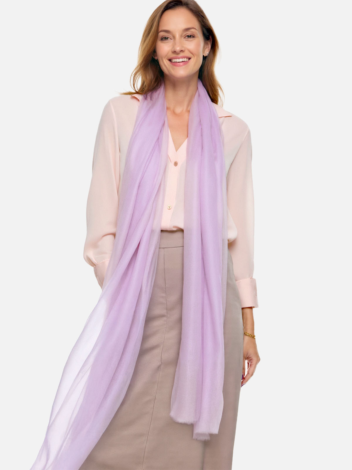Woman wearing a light purple scarf on a white background