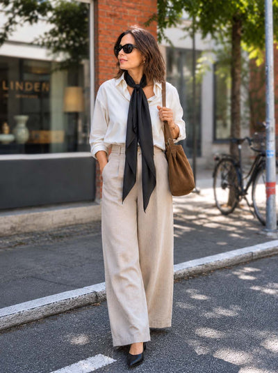 A woman stands on a city sidewalk wearing a cream button-up shirt, wide-leg beige trousers, a black cashmere scarf, black sunglasses, and black pointed flats, while carrying a brown shoulder bag.