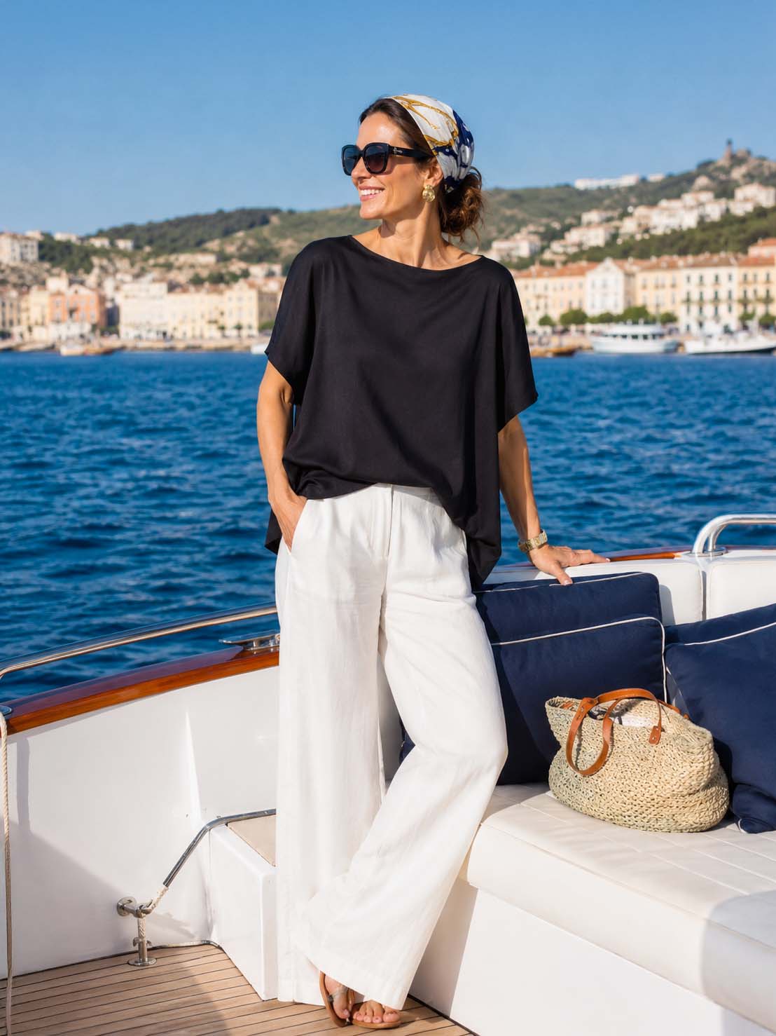 Woman on a boat wearing the black silk ease top