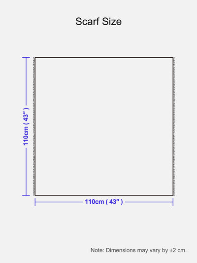 A size diagram for a cashmere scarf showing a square shape with dimensions labeled 110 cm by 110 cm (43 inches) on a light gray background, with text reading 'Scarf Size' and a note that dimensions may vary by 2 cm.