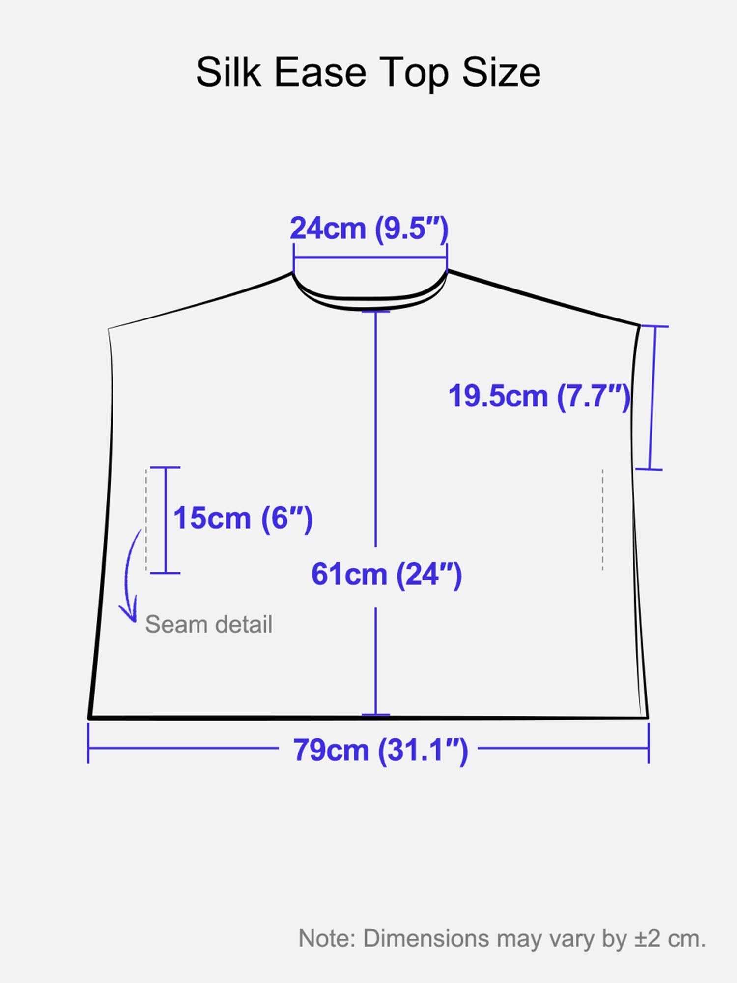 A size measurement diagram for a Silk Ease top, showing a simple black line drawing of the shirt with labeled dimensions in centimeters and inches, including neck width, body height, sleeve length, and base width.